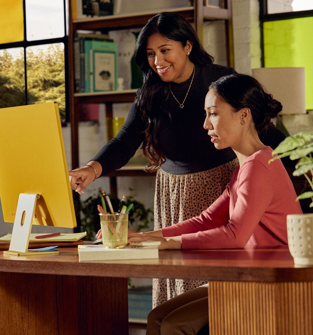 Two practitioners working on desktop computer