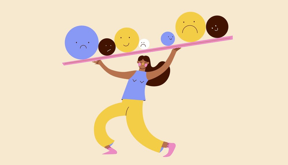 illustration of a person balancing primary emotions or different emotion faces on a board over their head
