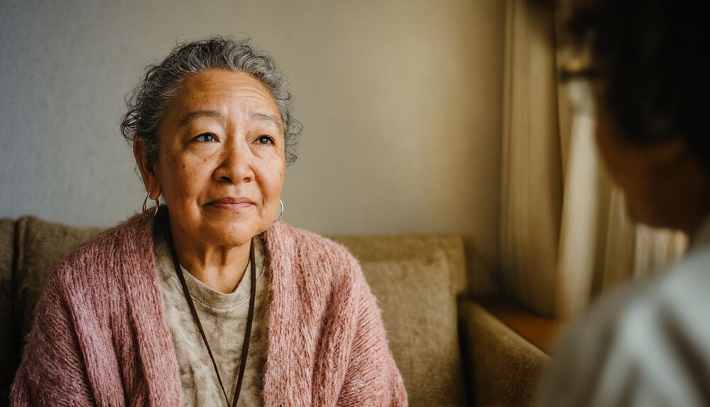 older woman looking forward towards another person