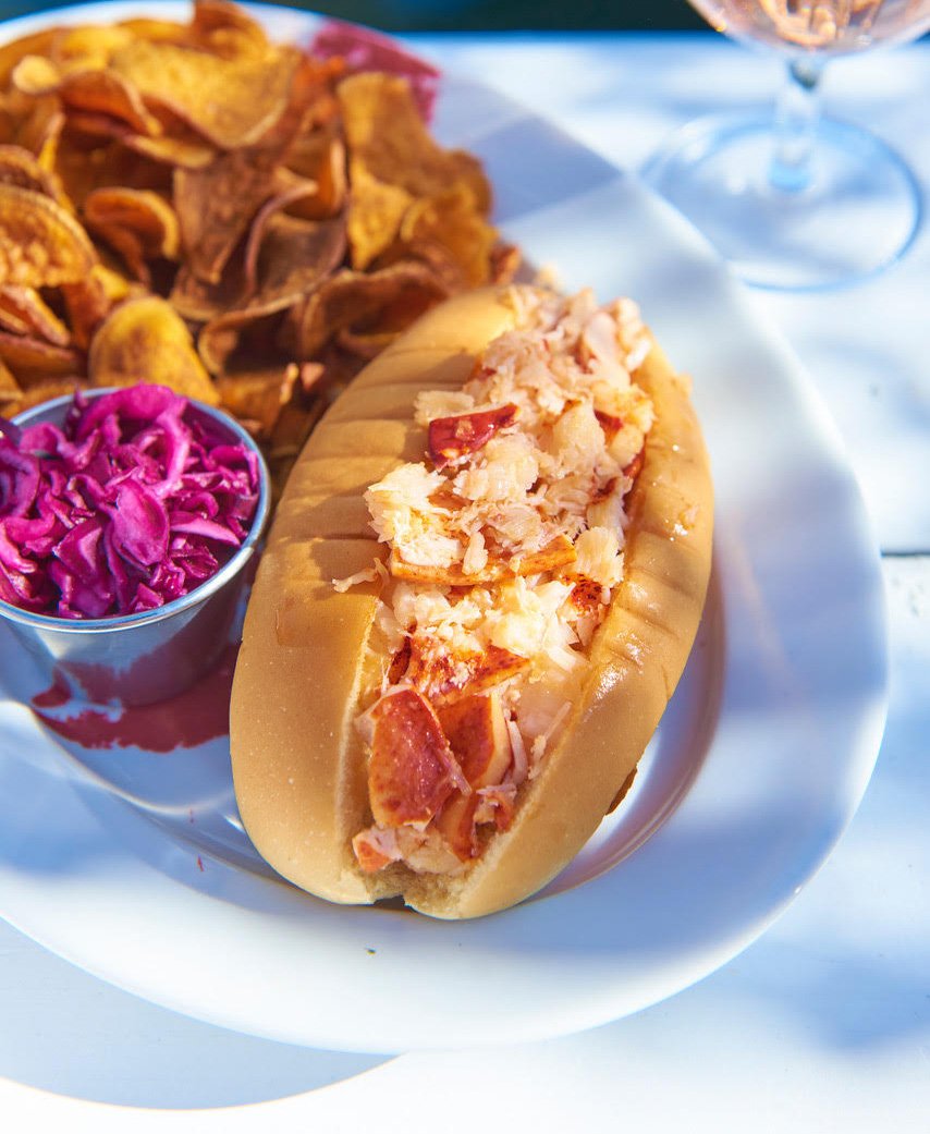 Duryea's Lobster Roll with Sweet Potato Chips at Duryea's Orient Point