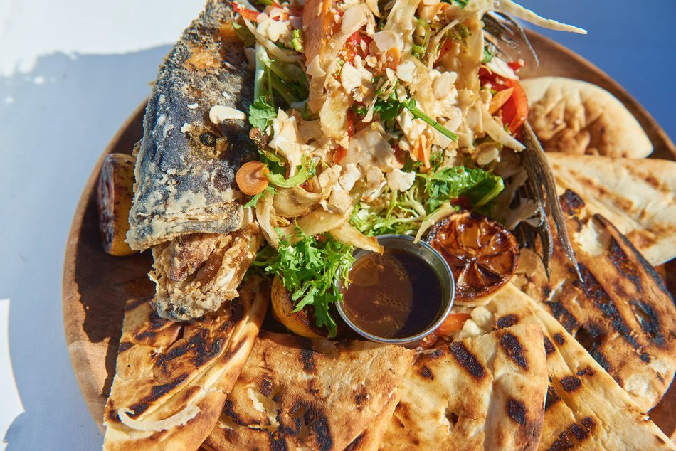 Whole Fried Bass platter at Duryea's Orient Point