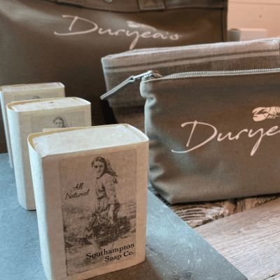 Duryea's zip pouch and specialty soap on display