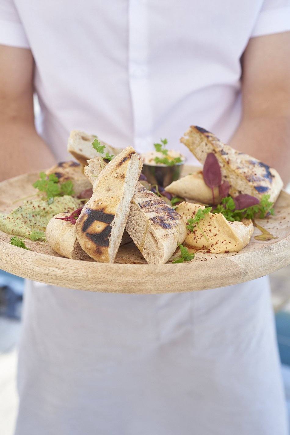 This is a platter of Meditteranean Spreads with grilled flatbread at Duryea's Orient Point