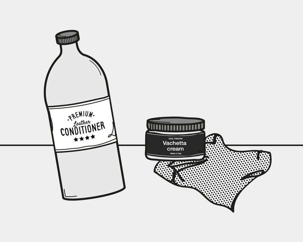Illustration showing leather conditioner bottle and Vachetta cream