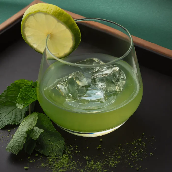 Matcha Limonade - Grüner Cocktail mit Eis und Limettenscheibe, mit Minzblättern daneben.
