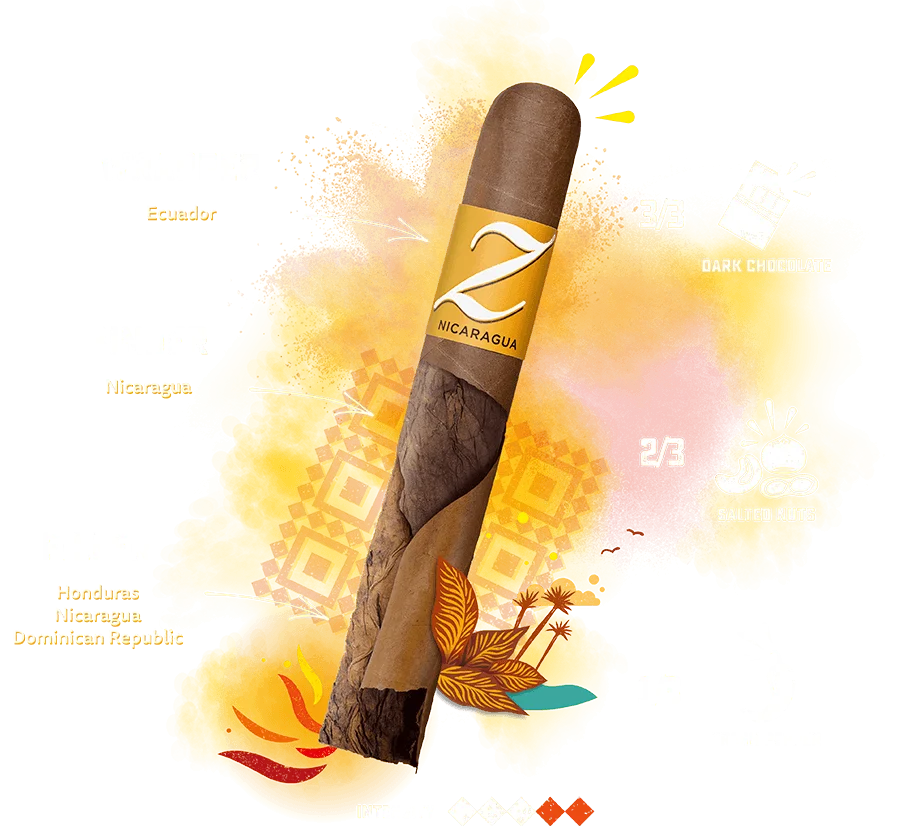 Zino Nicaragua taste banner with information on taste, duration and tobacco origin.