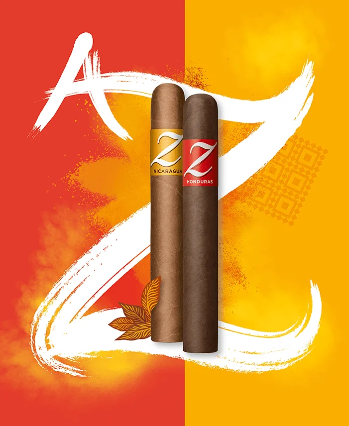 Zino Cigars key visual: black and yellow background, large Z, with various graphic elements.