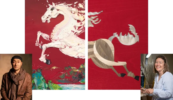Two vibrant artworks featuring a white horse on a red background and a stylized depiction of a galloping horse, with scenes of nature below.