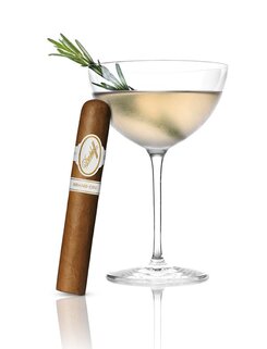 Davidoff Grand Cru-Zigarre neben einem eleganten Martini-Glas mit Rosmarin – ein edles Zusammenspiel.