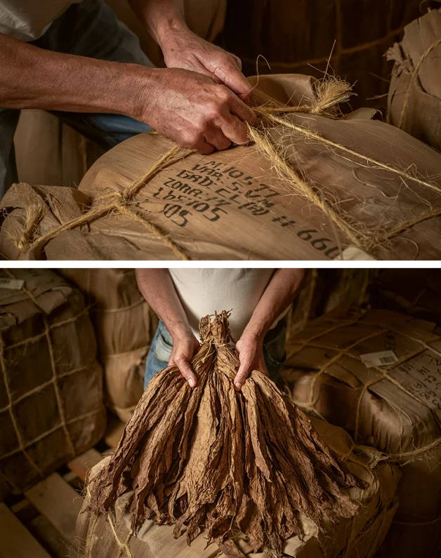 A person cords up the Yagua bale manually. A person holds bunched, cured tobacco leaves.