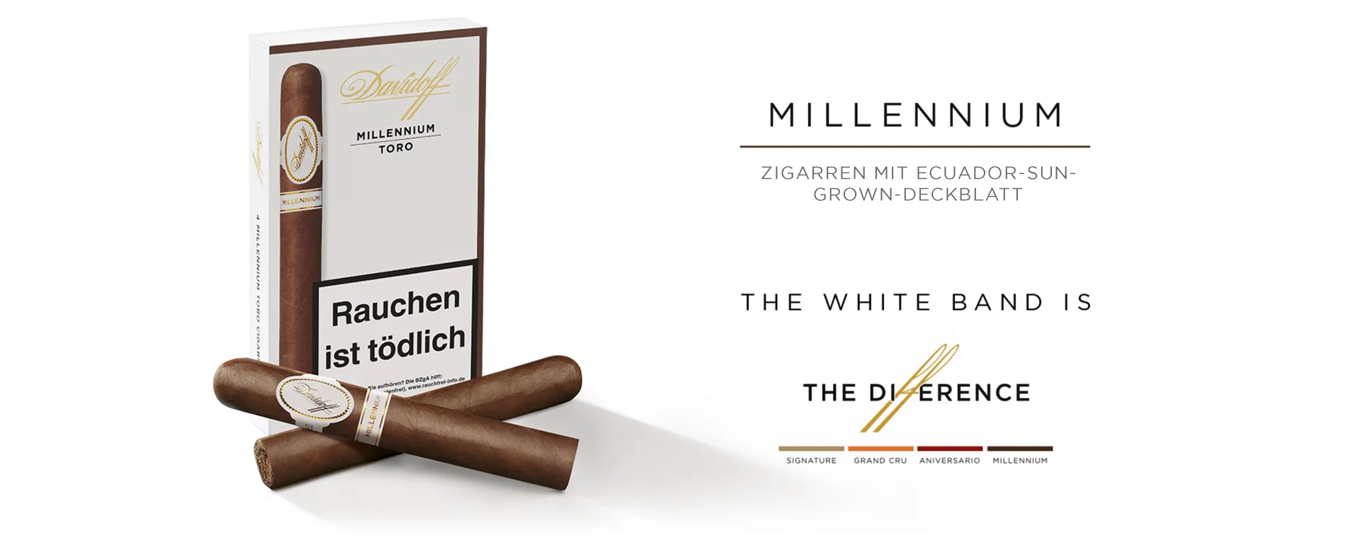 A box of Davidoff Millennium Toro with two cigars placed crosswise in front of it.