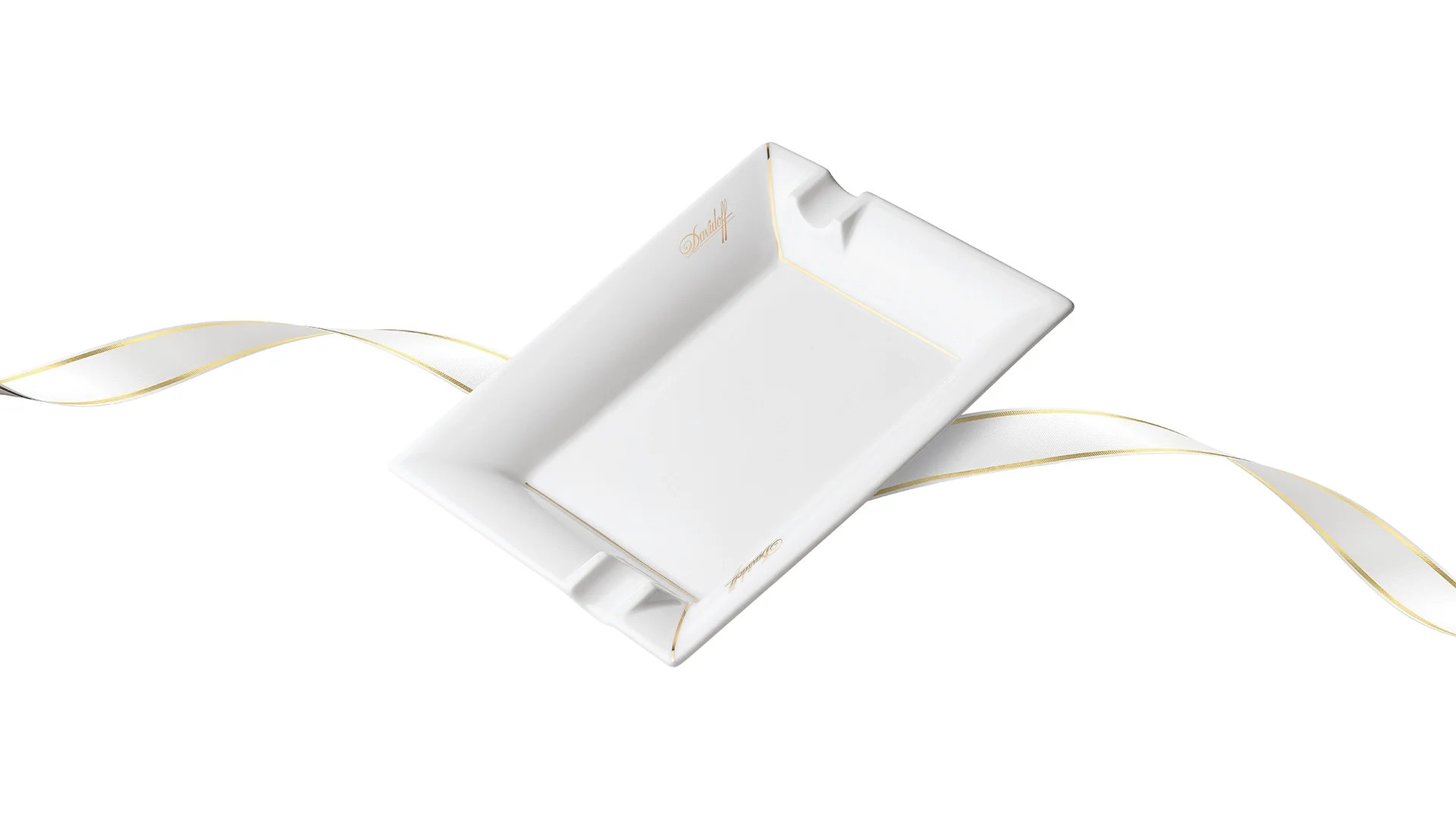 Opened Davidoff Gift Selection wooden box with 5 Robusto cigars inside. White/gold ribbon in the background.