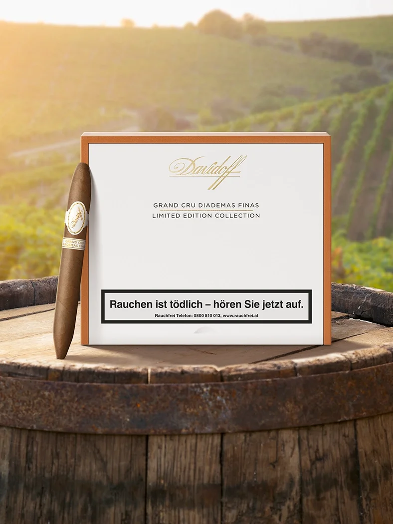 Eine Rotwein Glas umgeben von leuchtend roten Herbstblättern vor weissem Hintergrund.