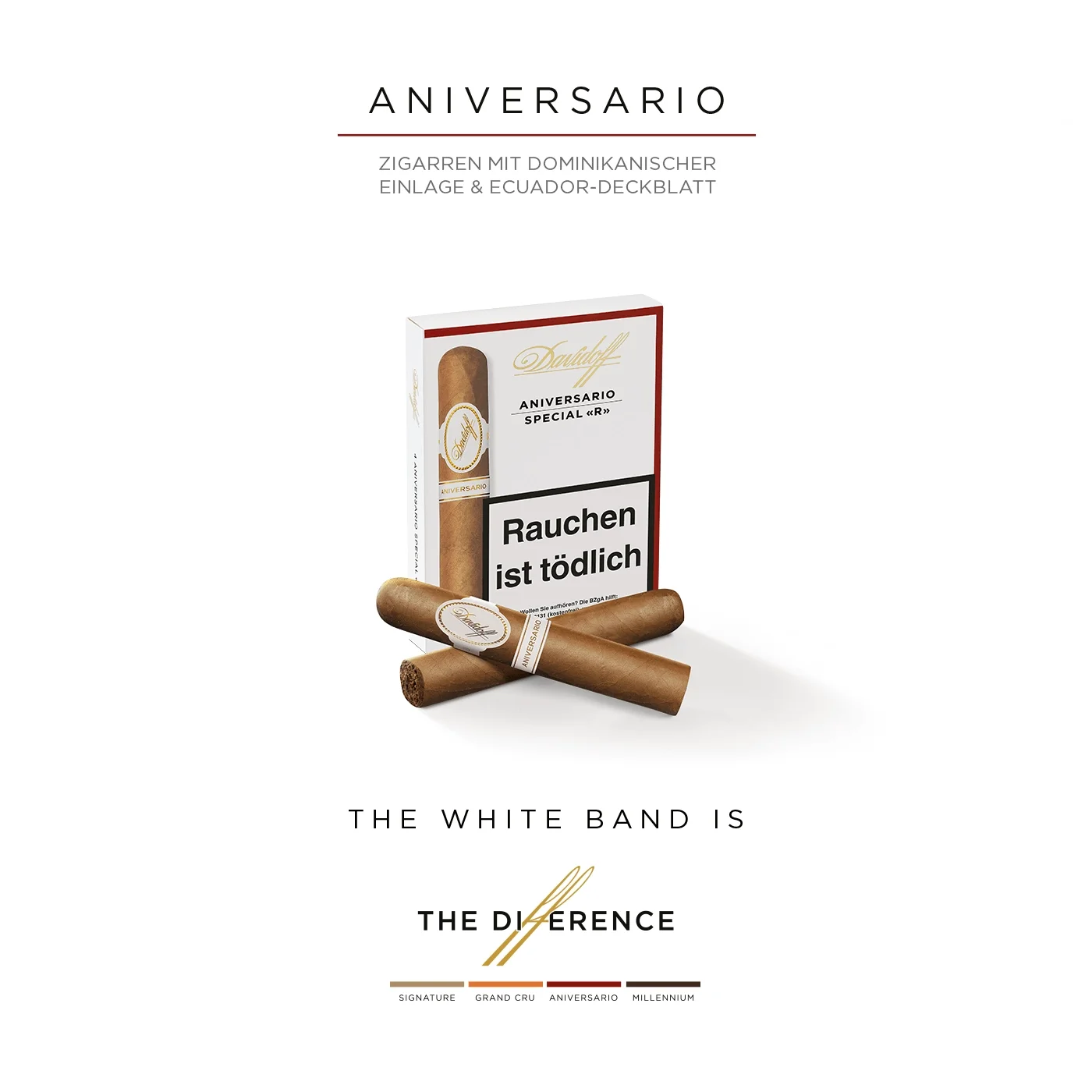 A box of Davidoff Aniversario Special R with two cigars placed crosswise in front of it.