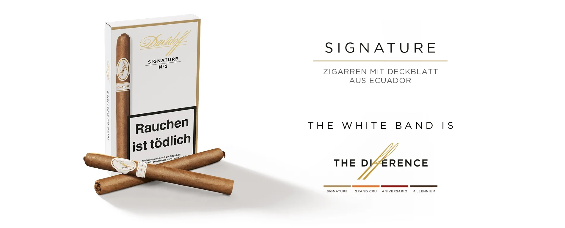 A Davidoff cigar box containing Signature No. 2 cigars, described as “creamy and refined” and distinguished by their white band.