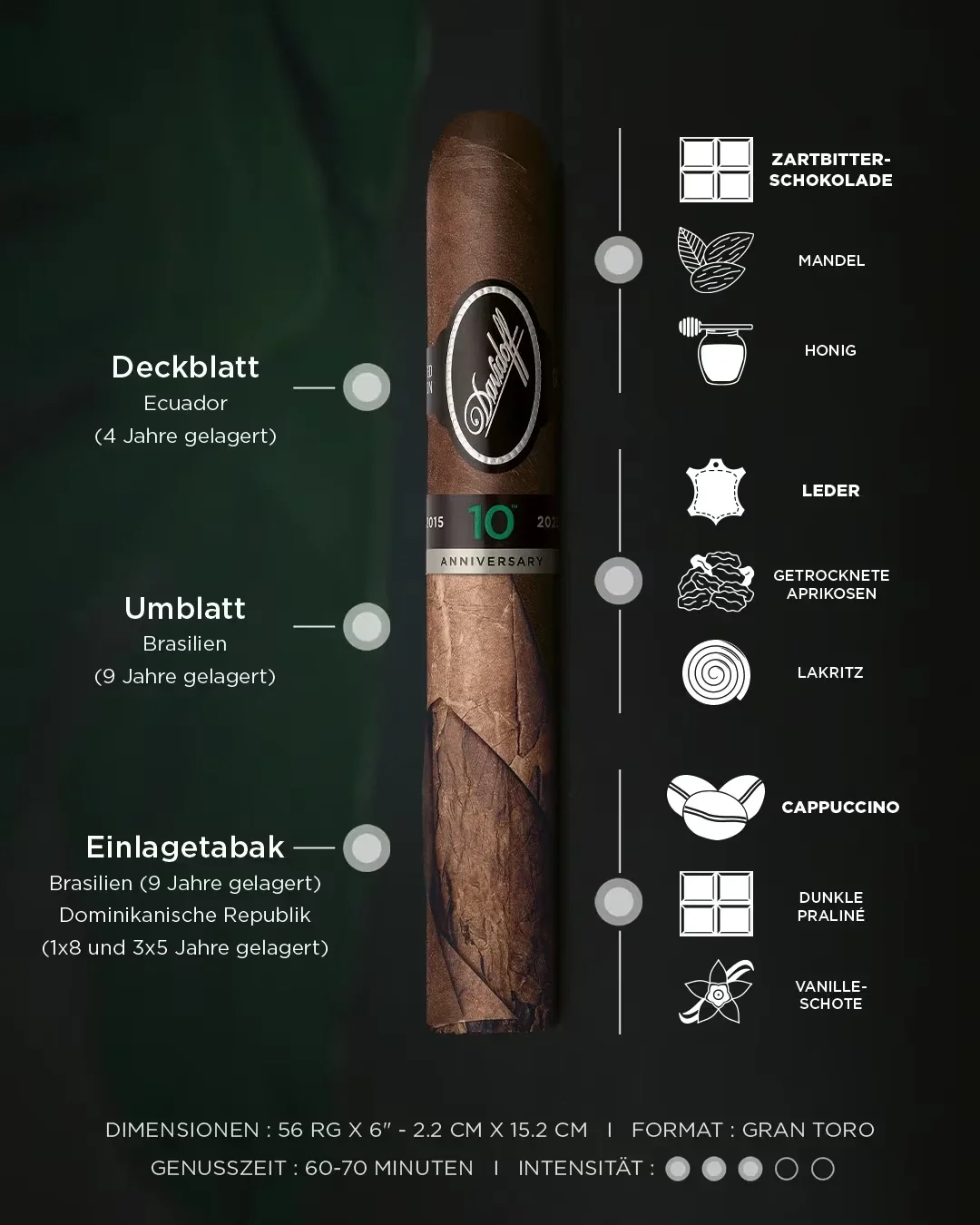 Taste, intensity and dimension details of the Davidoff Escurio 10th Anniversary Limited Edition.
