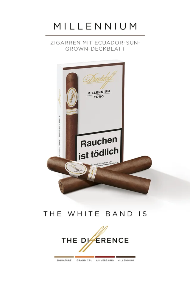 A box of Davidoff Millennium Toro with two cigars placed crosswise in front of it.