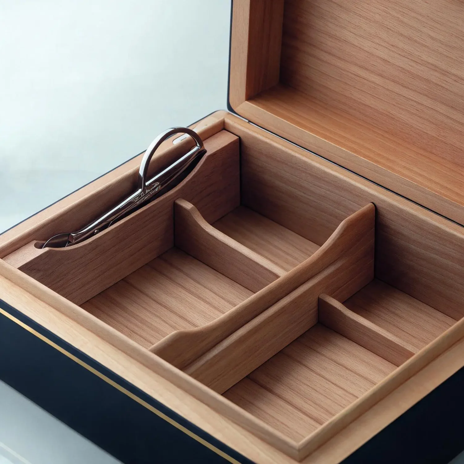 Geöffneter Air de Famille Series II Ziricote Humidor mit Davidoff-Zigarren, Scherencutter und edlen Scharnieren.