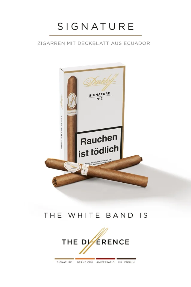 A Davidoff cigar box containing Signature No. 2 cigars, described as “creamy and refined” and distinguished by their white band.