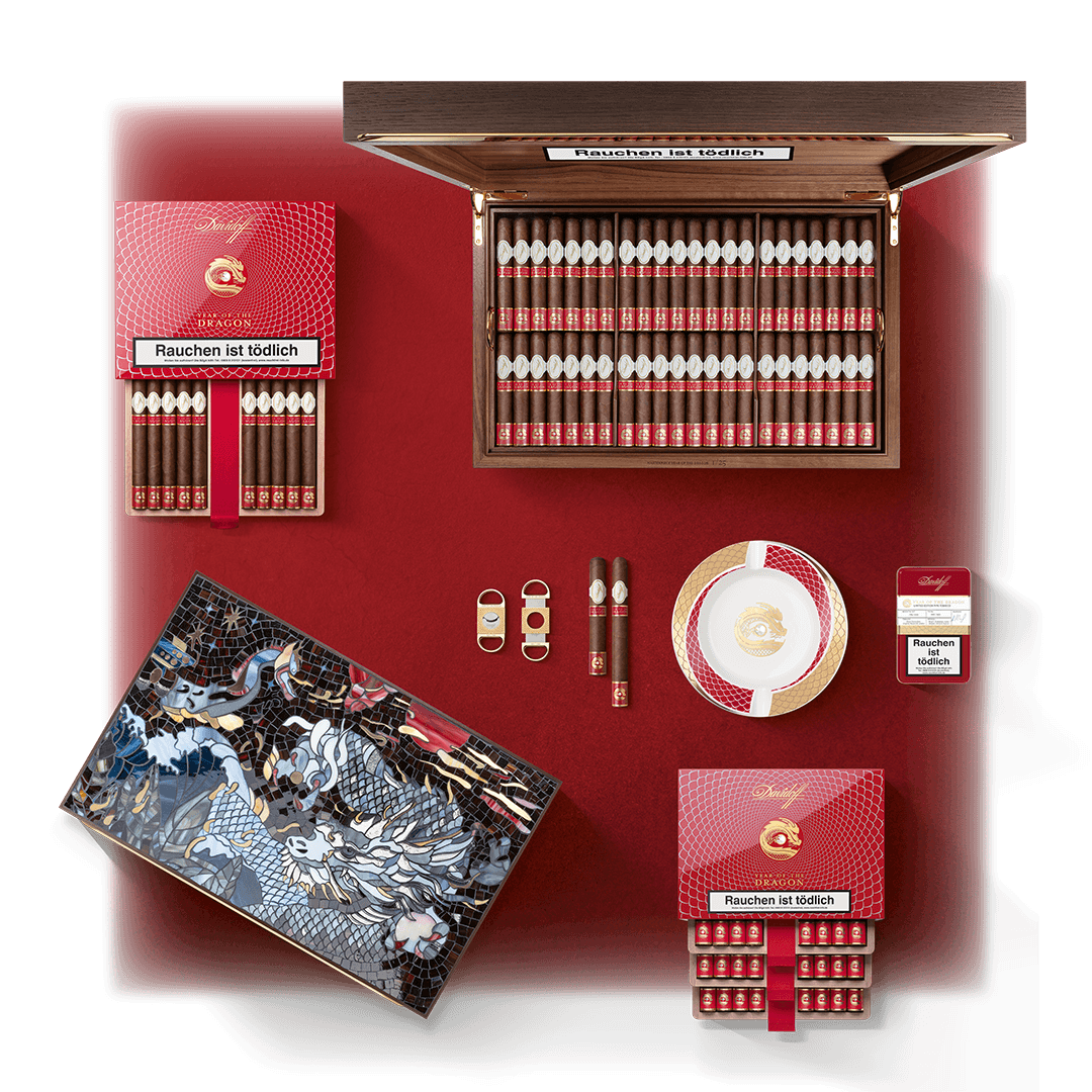 The 8 different formats of the Davidoff Year of the Dragon Limited Edition 2024 line shown next to one another.