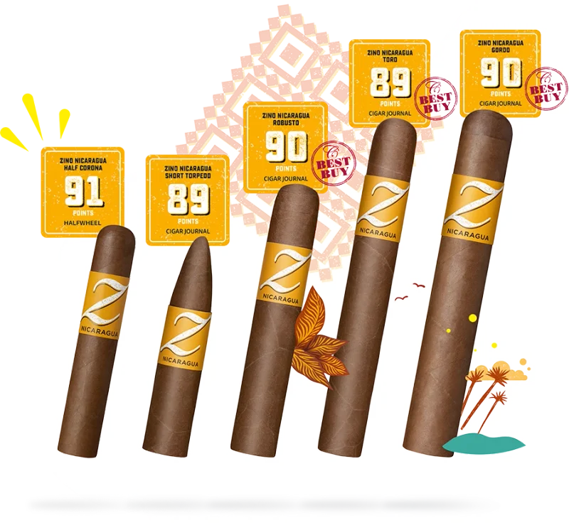 A display of Zino Nicaragua cigars with ratings: Half Corona (91), Robusto (90), Short Torpedo (89), Toro (89), Gordo (90) points.