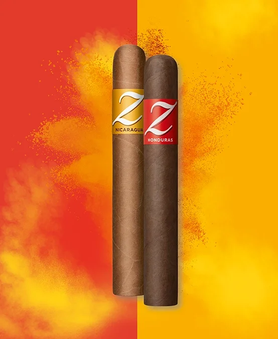 Zino Cigars key visual: black and yellow background, large Z, with various graphic elements.