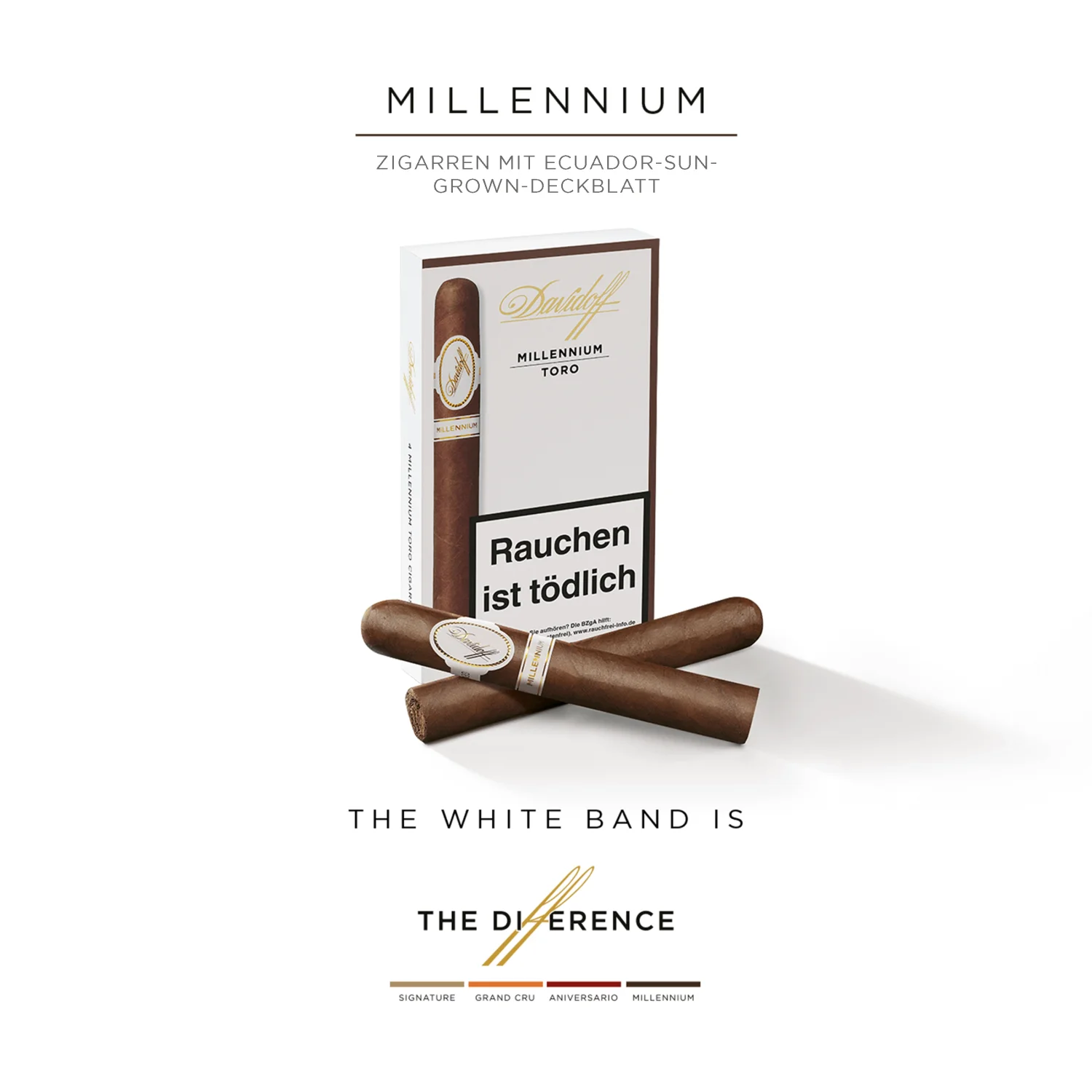 A box of Davidoff Millennium Toro with two cigars placed crosswise in front of it.