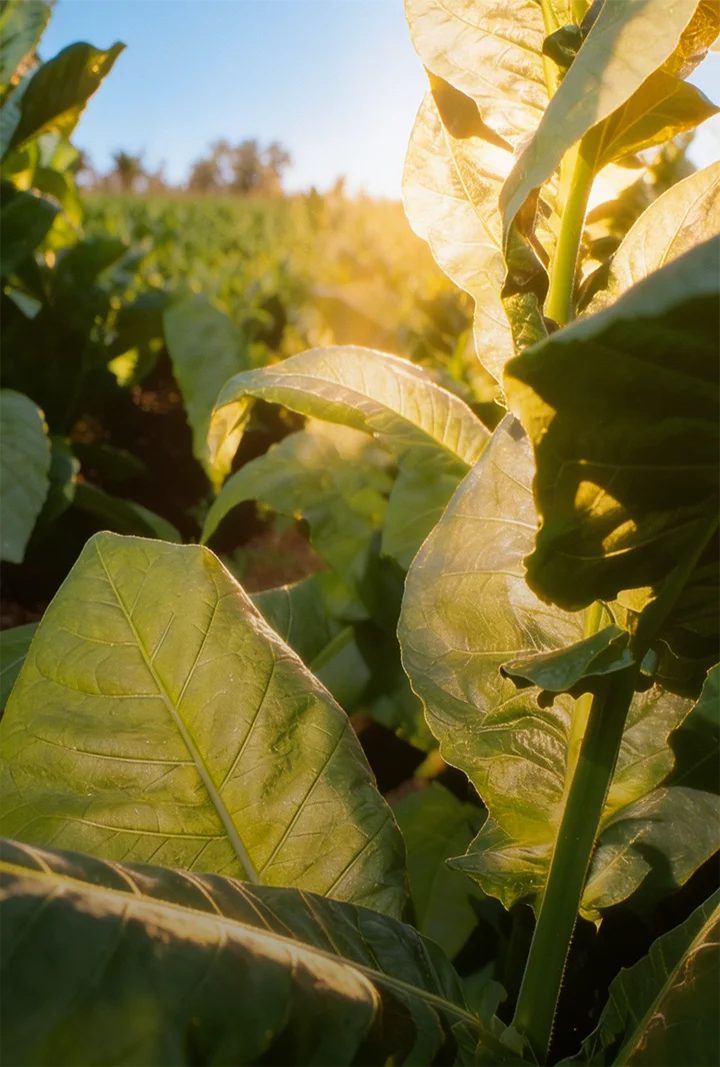 Grüne Tabakpflanzen auf einem Feld bei Tageslicht, mit großen Blättern im Vordergrund und unscharfem Hintergrund.