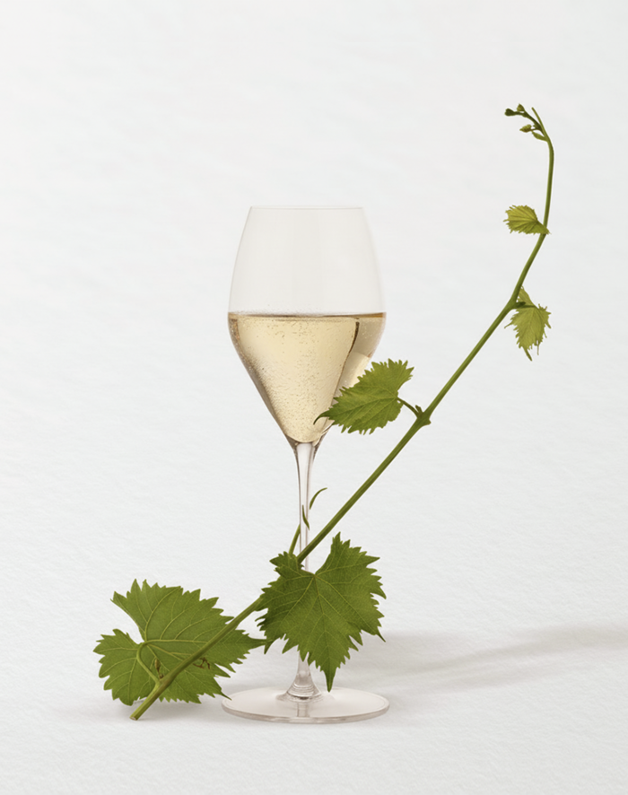 Zigarre neben Glas Weißwein mit Weinblättern vor hellem, cleanem Hintergrund