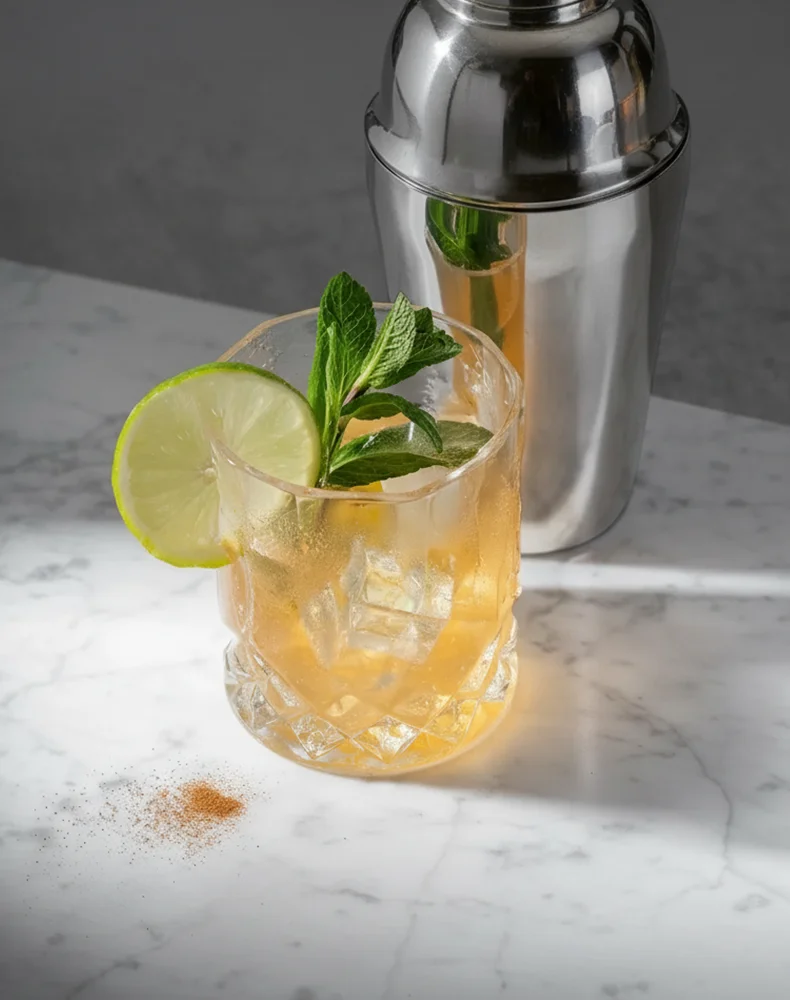 Ein erfrischender Cocktail mit Minze und Limette, im Hintergrund ein Shaker.