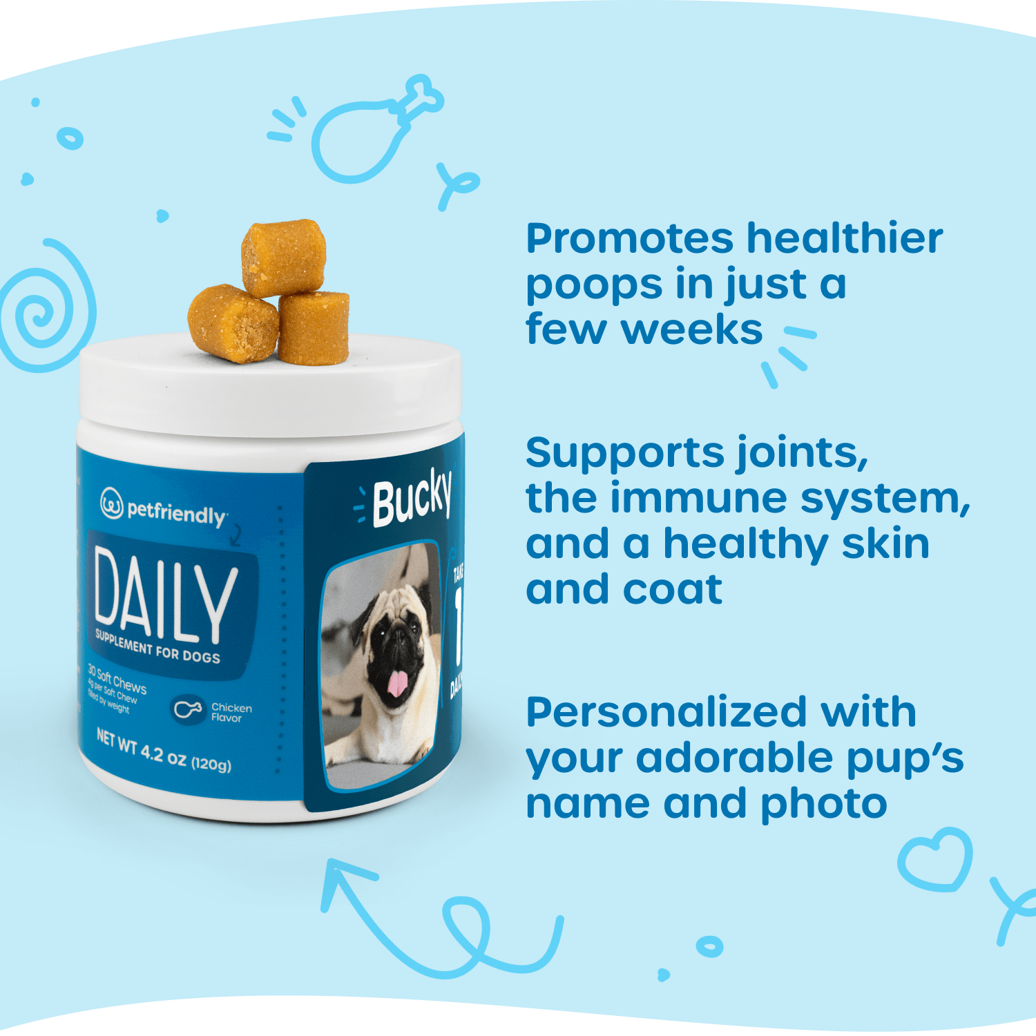 Promotes healthier poops in just a few weeks, Supports joints, the immune system, and a healthy skin and coat, and Personalized with your adorable pup’s name and photo