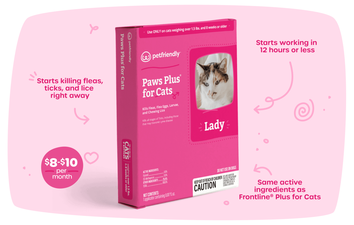 Kills fleas, ticks, and lice, starts working in 12 hours or less, same active ingredients as Frontline Plus for cats