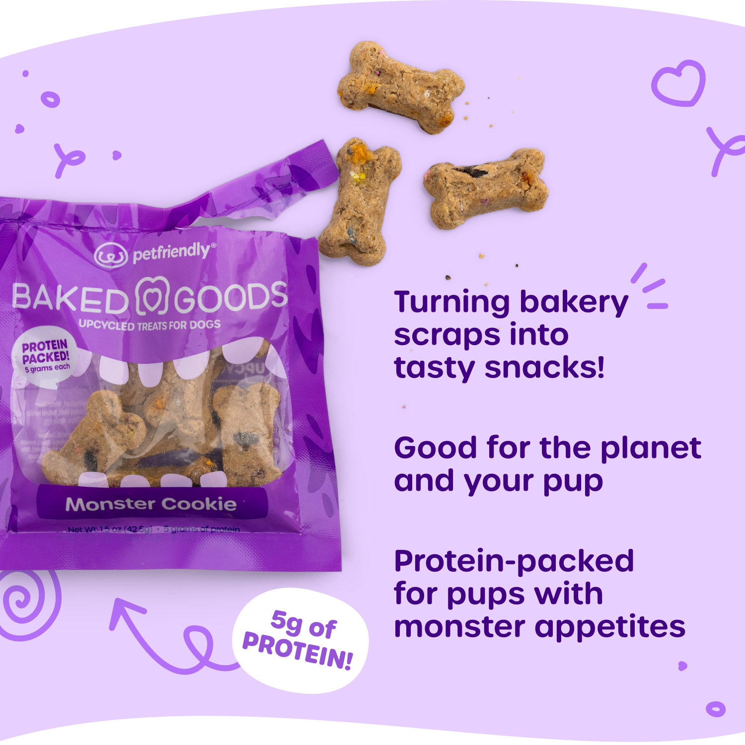 Monster Cookie highlights: 1, turn bakery scraps into tasty snacks, 2, good for the planet and your pup, 3, protein-packed for pups with monster appetites