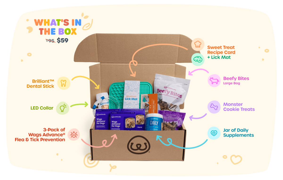 What's in the box? Wags Advance flea & tick 3-pack, jars of Daily supplement, Brilliant Dental Stick, LED Collar, Sweet Treat Recipe Card + Lick Mat, Beefy Bites (Large Bag), Monster Cookie Treats