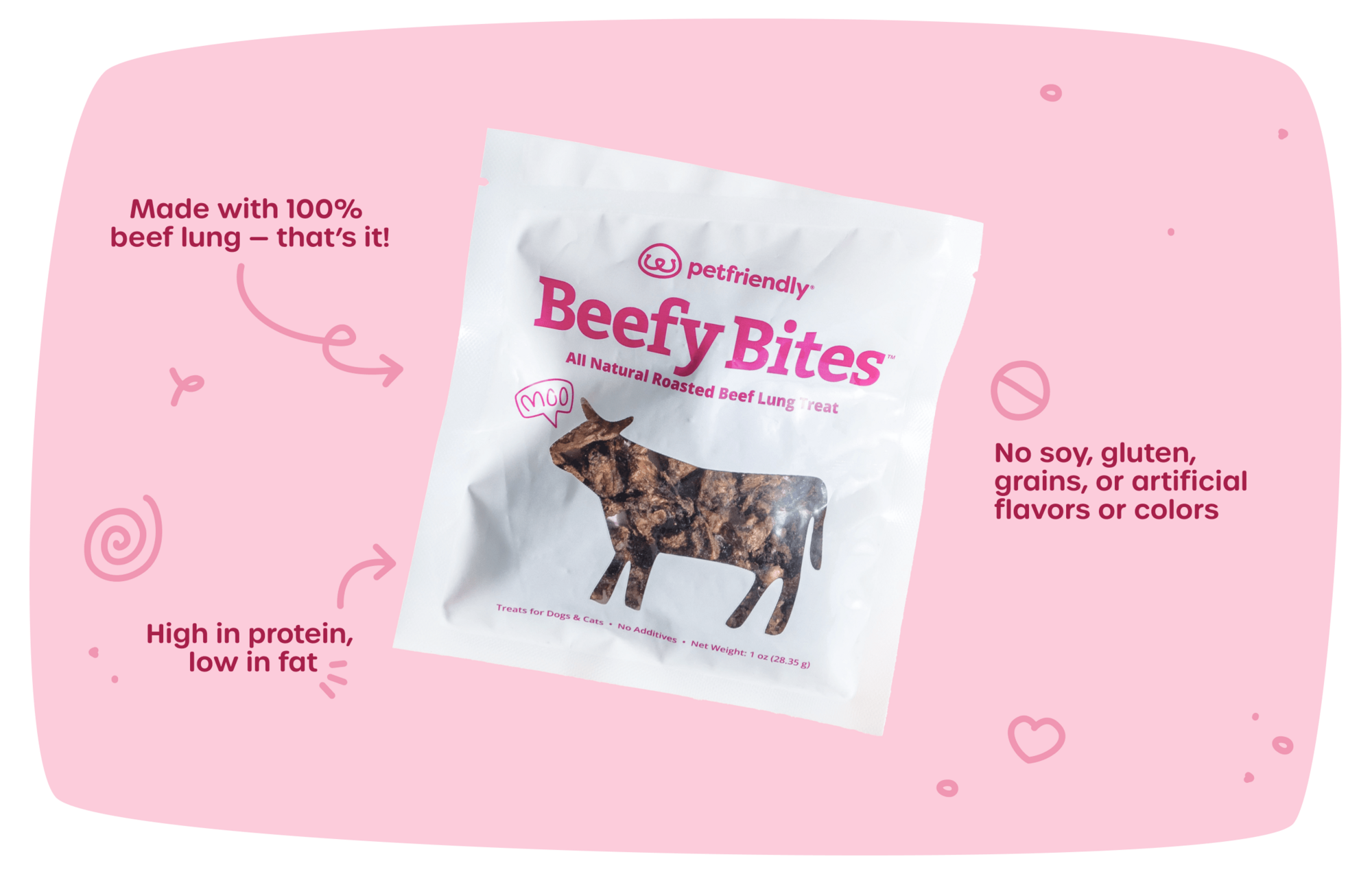 Made with 100% beef lung — that’s it!, High in protein, low in fat, No soy, gluten, grains, or artificial flavors or colors