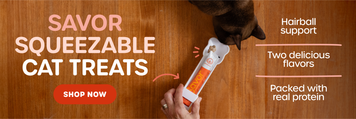 Savor squeezable cat treats! Hair ball support, two delicious flavors, packed with real protein. Shop now!