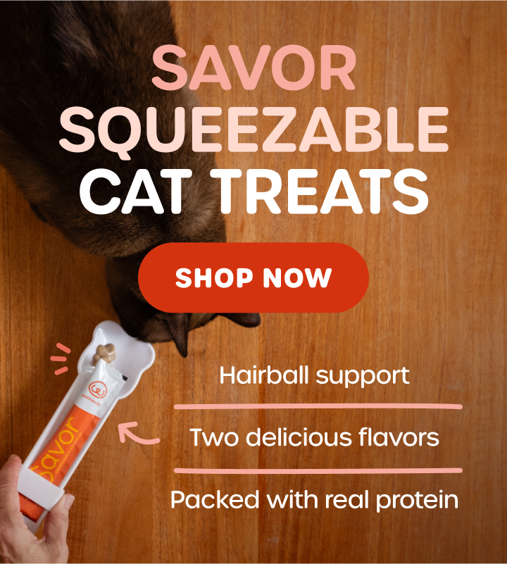 Savor squeezable cat treats! Hair ball support, two delicious flavors, packed with real protein. Shop now!