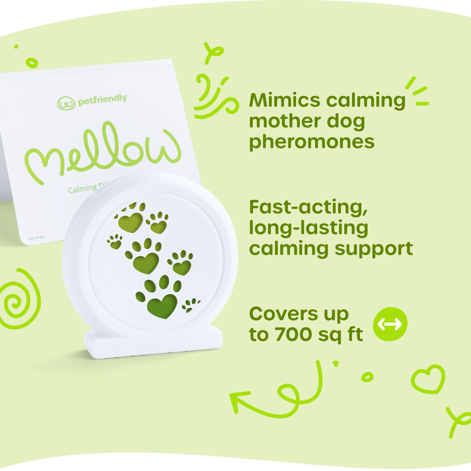 Mimics calming mother dog pheromones, Fast-acting, long-lasting calming support, Covers up to 700 sq ft