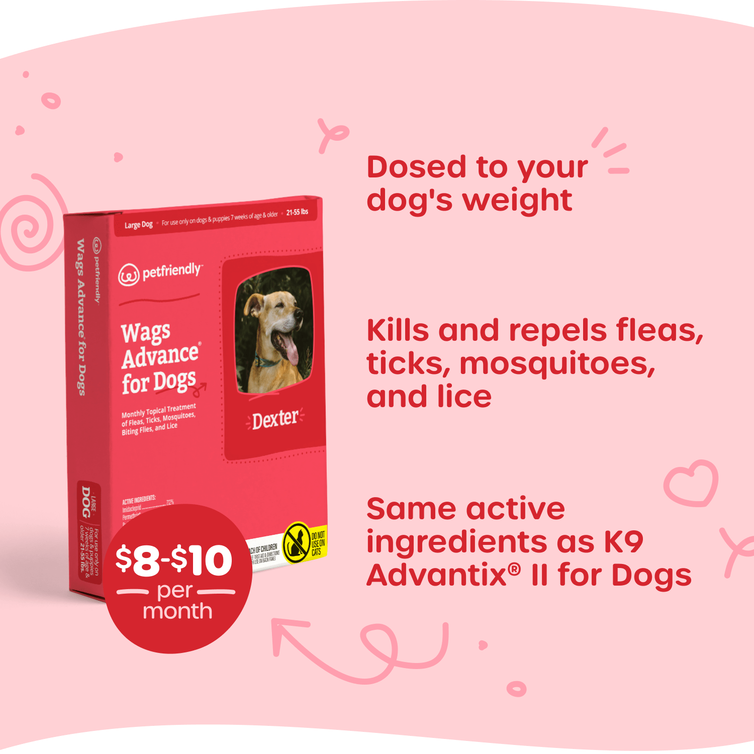 Dosed to your dog’s current weight, Kills and repels fleas, ticks, mosquitoes, and lice, and Same active ingredients as K9 Advantix® II for Dogs.