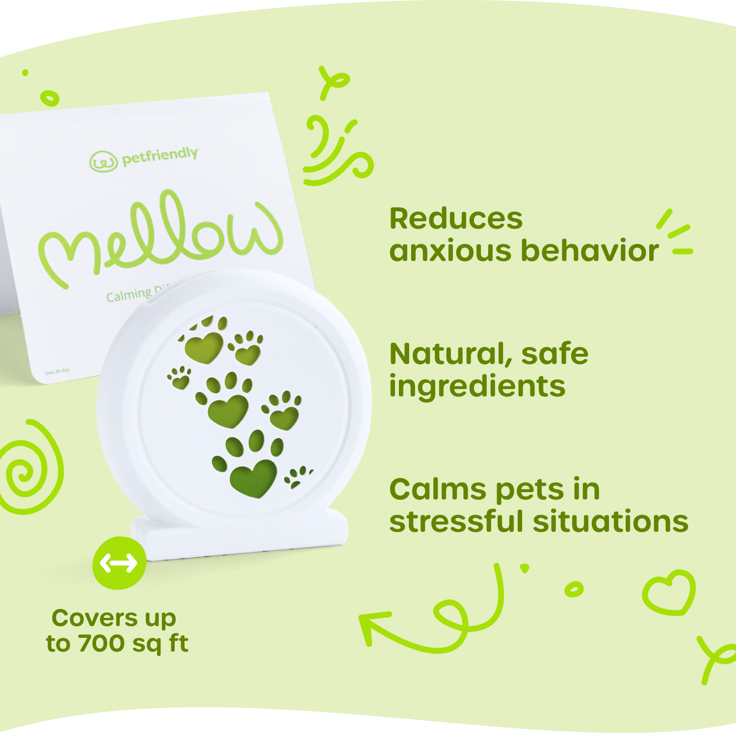 Reduces anxious behavior, natural, safe ingredients, calms pets in stressful situations, covers up to 700 sq ft