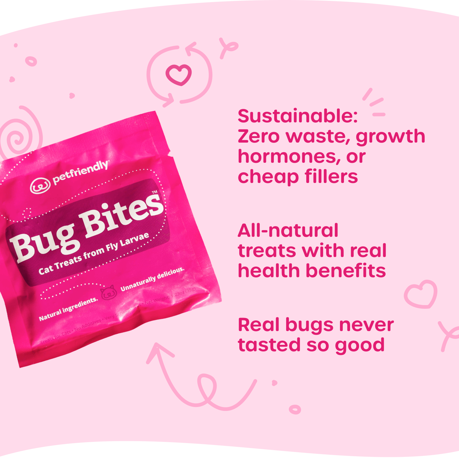 Sustainable: Zero waste, growth hormones, or cheap fillers, All-natural treats with real health benefits, Real bugs never tasted so good
