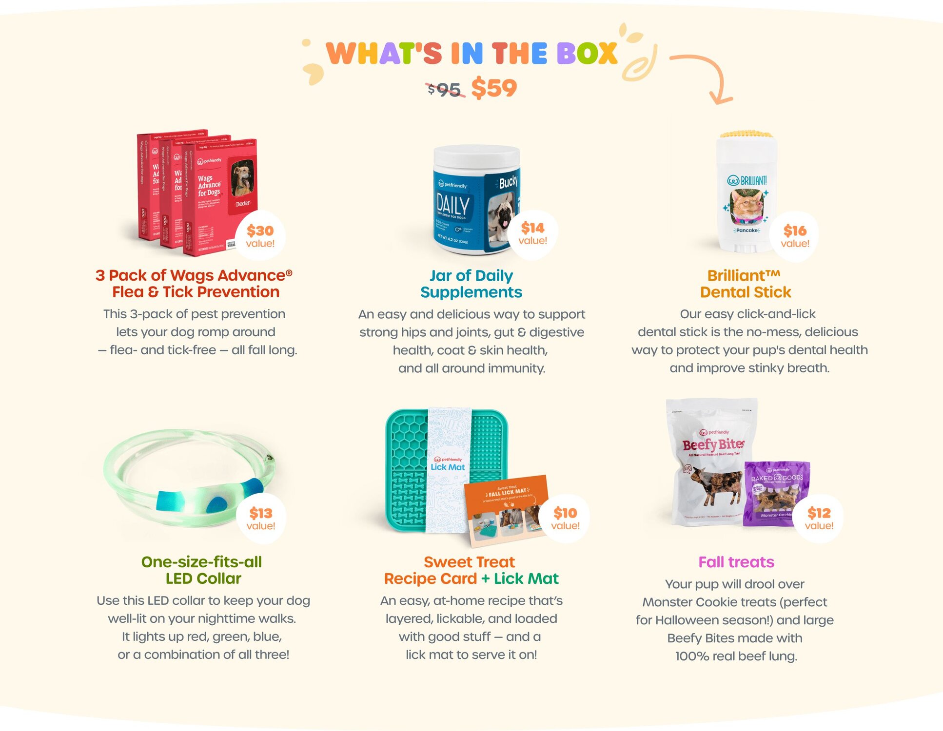 What's in the box? Wags Advance Flea & Tick Protection, Daily Supplements, Brilliant Dental Stick, One-size-fits-all LED Collar, Sweet Treat Recipe Card + Lick Mat, Fall treats