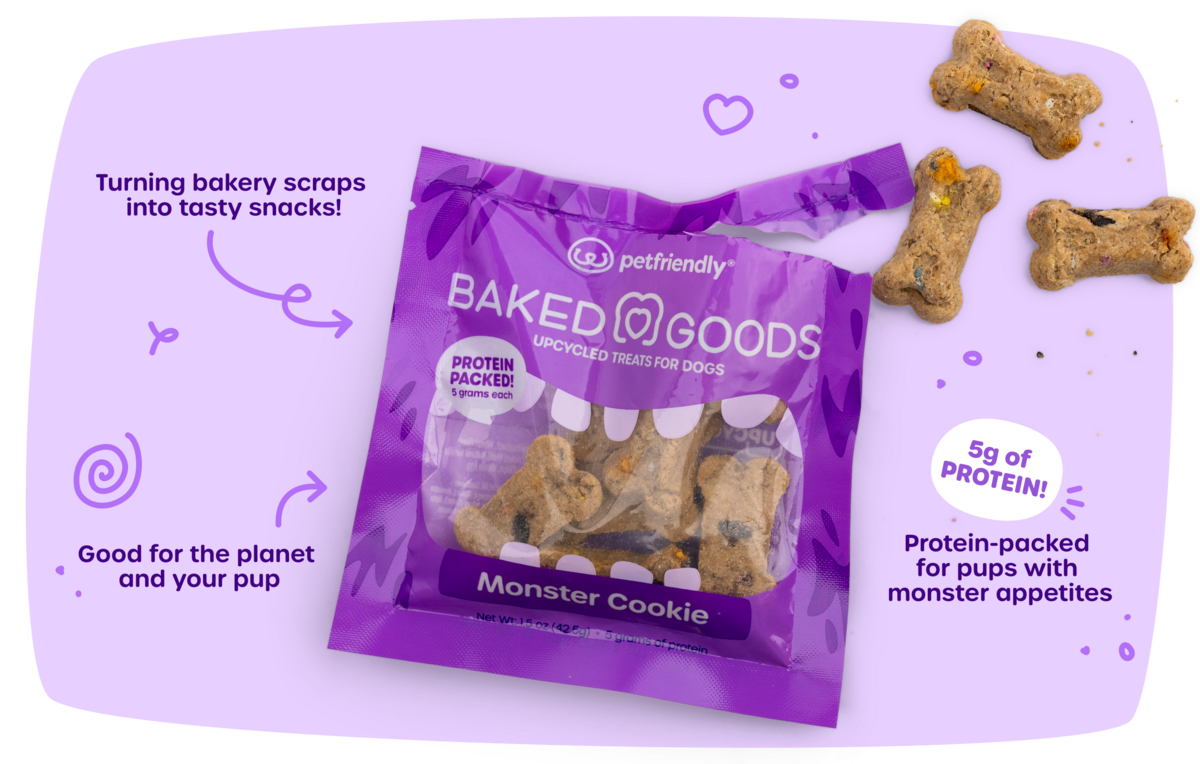 Monster Cookie highlights: 1, turn bakery scraps into tasty snacks, 2, good for the planet and your pup, 3, protein-packed for pups with monster appetites