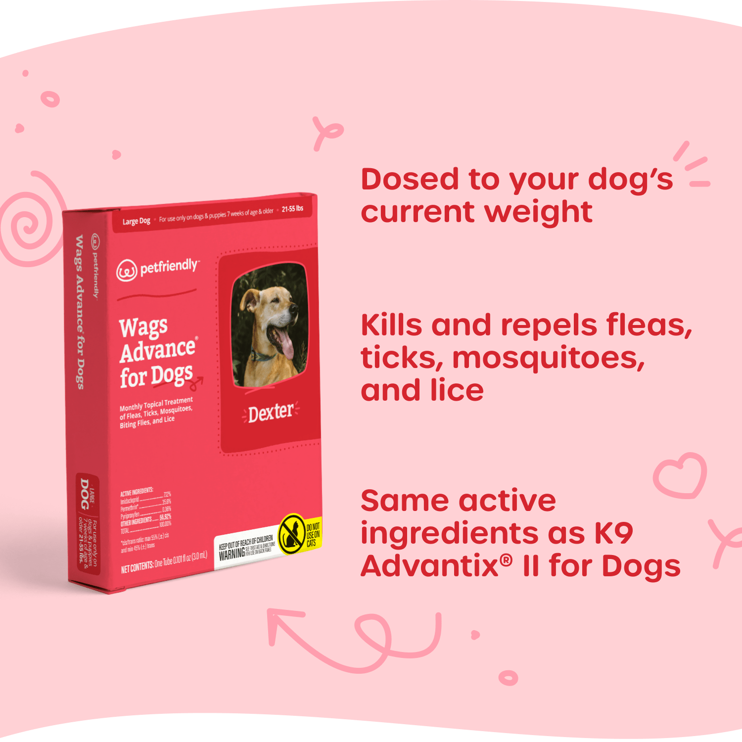 Dosed to your dog’s current weight, Kills and repels fleas, ticks, mosquitoes, and lice, and Same active ingredients as K9 Advantix® II for Dogs.