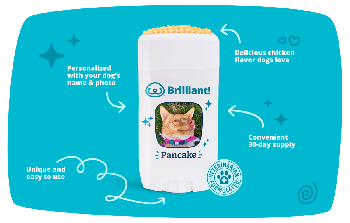 Unique, dog-approved dispenser, delicious chicken flavor, your dog's name and photo, 30-day supply