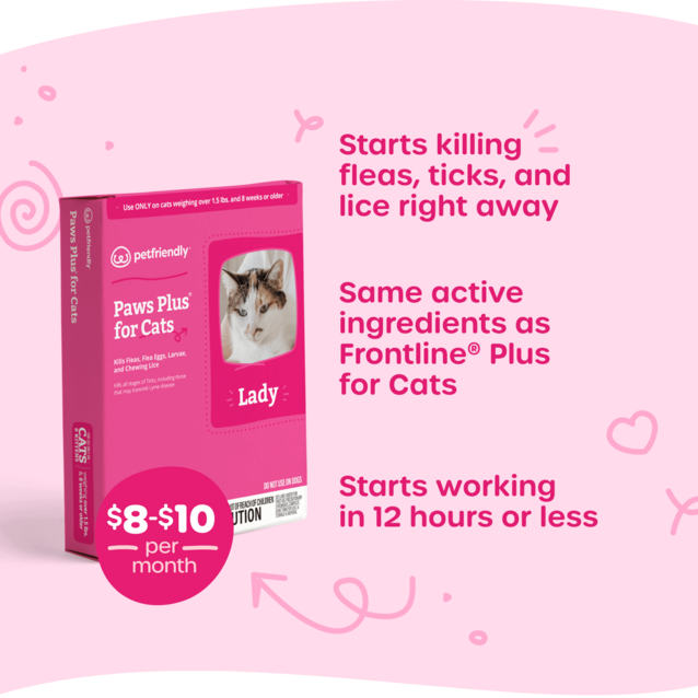 Kills fleas, ticks, and lice, starts working in 12 hours or less, same active ingredients as Frontline Plus for cats