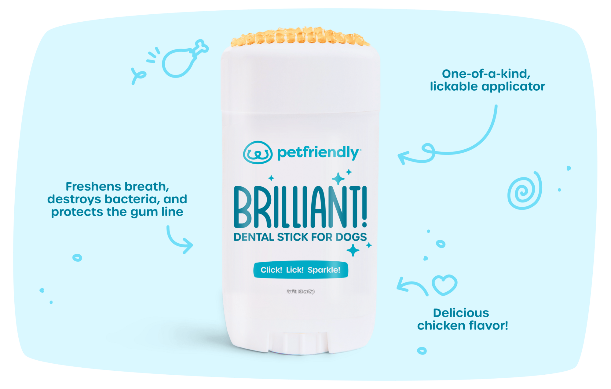 Freshens breath, destroys bacteria, and protects the gum line, One-of-a-kind, lickable applicator, and delicious chicken flavor!