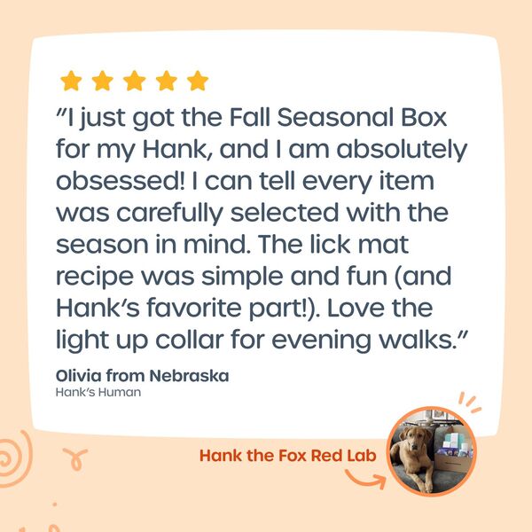 ”I just got the Fall Seasonal Box for my Hank, and I am absolutely obsessed! I can tell every item was carefully selected with the season in mind. The lick mat recipe was simple and fun (and Hank’s favorite part!). Love the light up collar for evening walks.” -Olivia from Nebraska, Hank the Fox Red Lab's Human