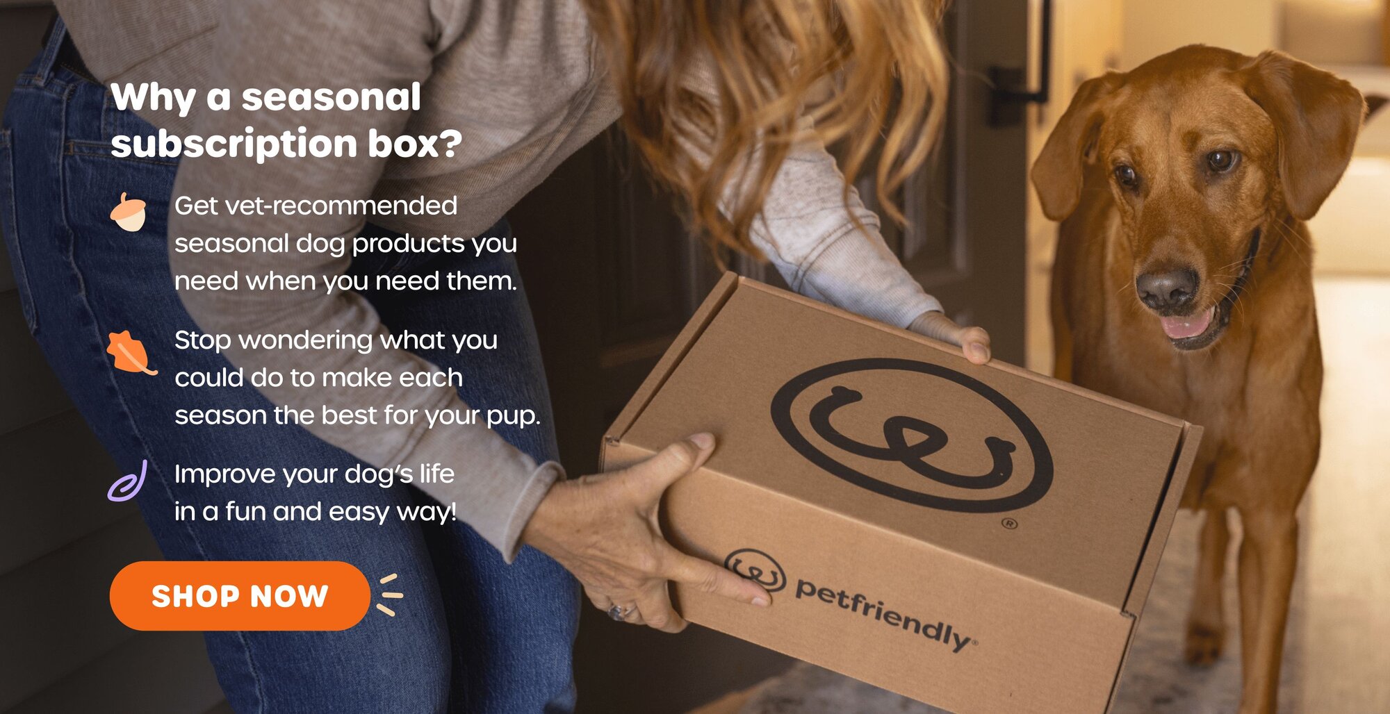 Why a seasonal subscription box? Get vet-recommended seasonal dog products you need when you need them. Stop wondering what you could do to make each season the best for your pup. Improve your dog's life in a fun and easy way! SHOP NOW
