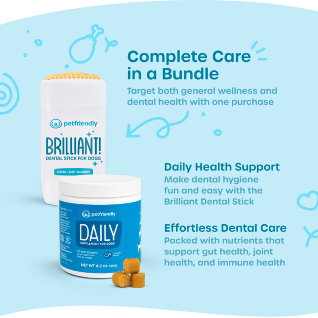 Complete Care in a Bundle: Target both general wellness and dental health with one purchase. Effortless Dental Care: Make dental hygiene fun and easy with the Brilliant Dental Stick. Daily Health Support: Packed with nutrients that support gut health, joint health, and immune health.